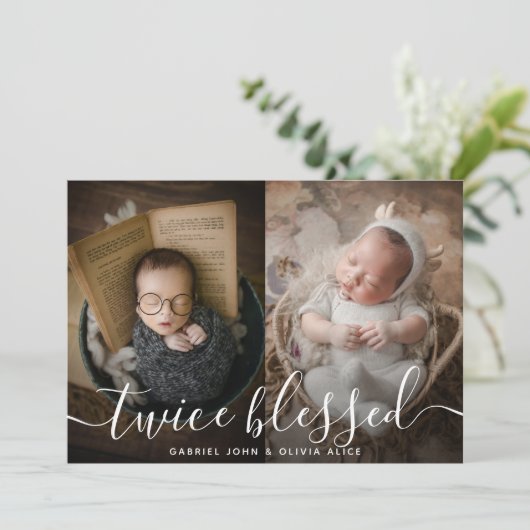 フォトコラージュツーオーバーレイ賛美ツイン誕生 案内状 (スタンド正面)