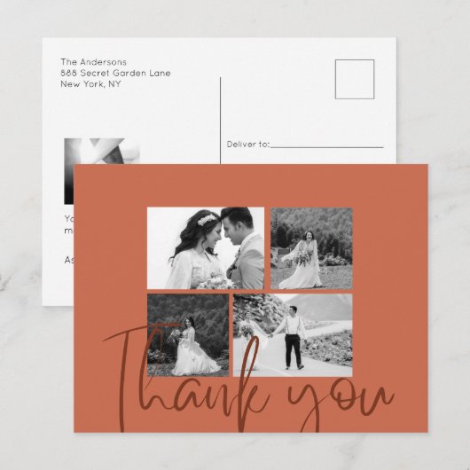 フォトコラージュテラコッタエレガントな結婚式ありがとう ポストカード (正面/裏面)