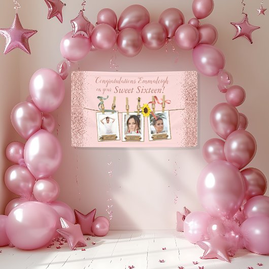 フォトコラージュバラ金ゴールドグリッタースウィート16誕生日 横断幕