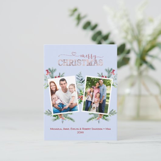 フォトコラージュバラ金ゴールドグリーンメリークリスマス シーズンポストカード (スタンド正面)