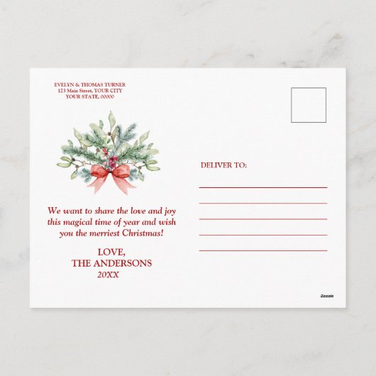 フォトコラージュバラ金ゴールドグリーンメリークリスマス シーズンポストカード (裏面)