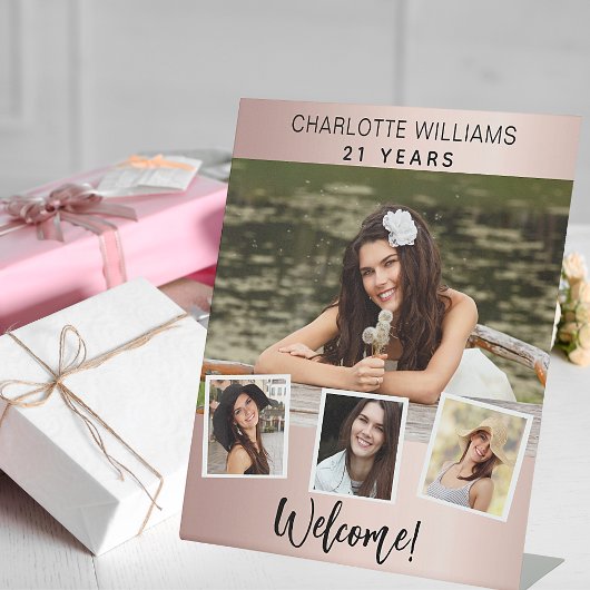 フォトコラージュバラ金ゴールド誕生日パーティーへようこそ 台座サイン