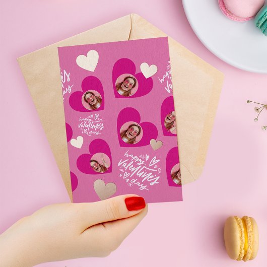 フォトコラージュバレンタインデー熱いピンクハート 箔グリーティングカード