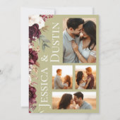 フォトコラージュバーガンディフローラセージ結婚グリーン 招待状 (裏面)