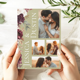 フォトコラージュバーガンディフローラセージ結婚グリーン 招待状