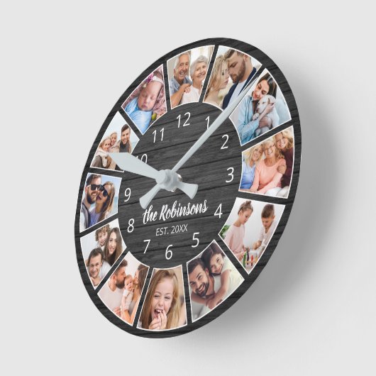 フォトコラージュパーソナライズされたブラックウッドファミリー ラウンド壁時計 (傾斜)