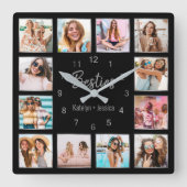 フォトコラージュパーソナライズされたブラックシルバー友情 スクエア壁時計 (正面)