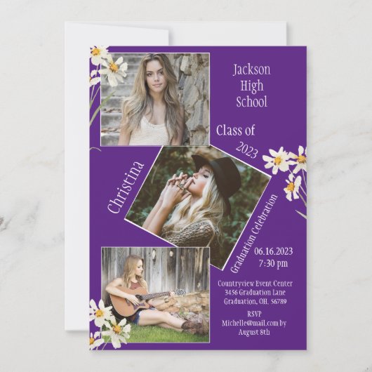 フォトコラージュパーソナライズされた4写真紫 案内状 (正面)