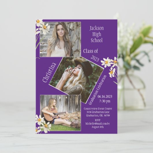 フォトコラージュパーソナライズされた4写真紫 案内状 (スタンド正面)