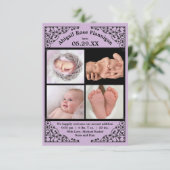 フォトコラージュパープルレース- 3x5誕生の発表 案内状 (スタンド正面)