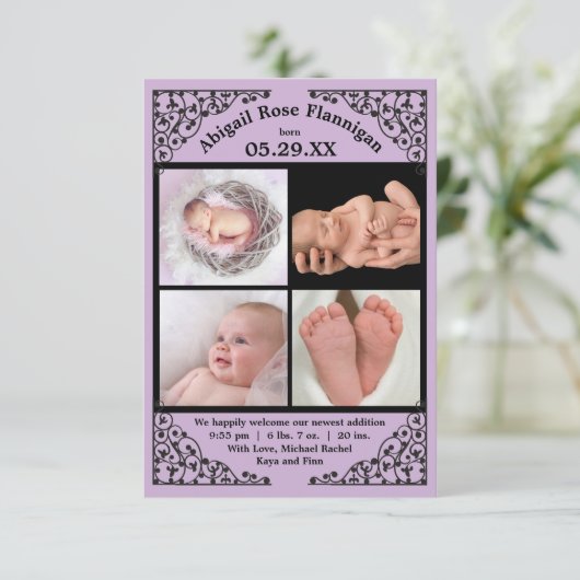 フォトコラージュパープルレース- 3x5誕生の発表 案内状 (スタンド正面)