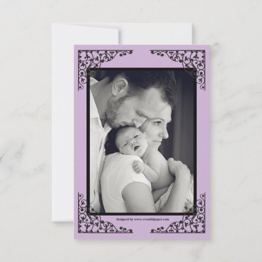 フォトコラージュパープルレース- 3x5誕生の発表 案内状 (裏面)