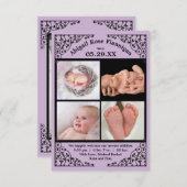 フォトコラージュパープルレース- 3x5誕生の発表 案内状 (正面/裏面)