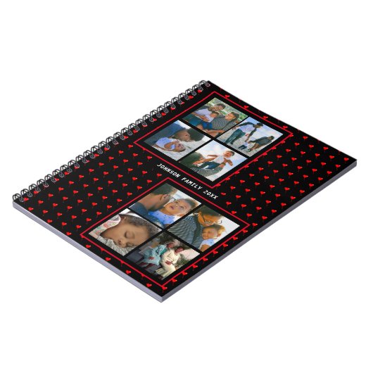 フォトコラージュファミリーパーソナライズされた赤いハートと名前 ノートブック (左側)