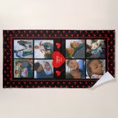 フォトコラージュファミリーパーソナライズされた赤いハートと名前 ビーチタオル (正面)