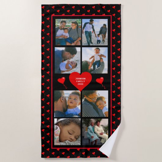 フォトコラージュファミリーパーソナライズされた赤いハートと名前 ビーチタオル (正面)