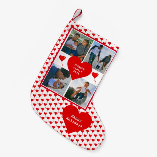 フォトコラージュファミリーパーソナライズされた赤いハート スモールクリスマスストッキング (正面 (吊り時))