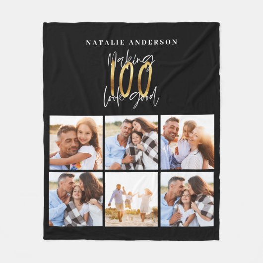 フォトコラージュブラックと金ゴールド0歳の誕生日フリースb フリースブランケット (正面)