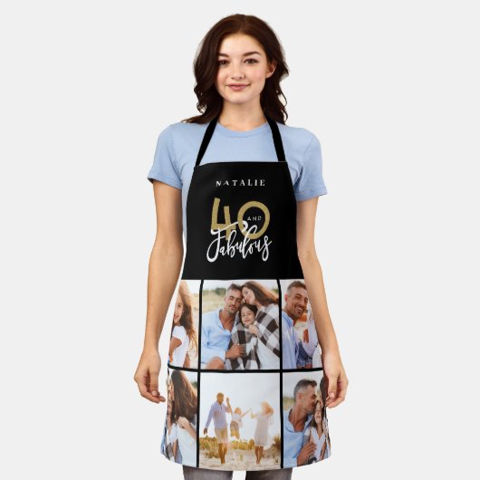 フォトコラージュブラックと金ゴールド40歳の誕生日モダン エプロン (着用した状態)