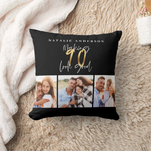 フォトコラージュブラックと金ゴールド90歳の誕生日 クッション (ブランケット)