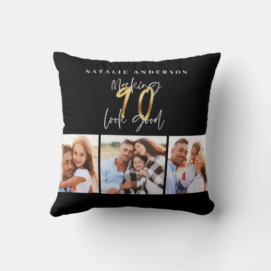 フォトコラージュブラックと金ゴールド90歳の誕生日 クッション (裏面)