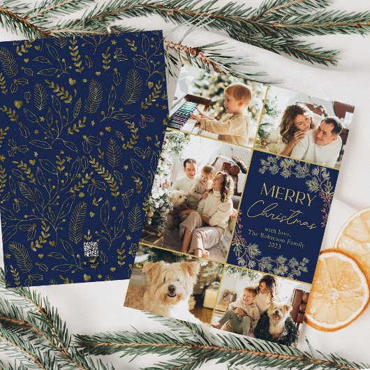 フォトコラージュブルー金ゴールドメリークリスマスカード シーズンカード