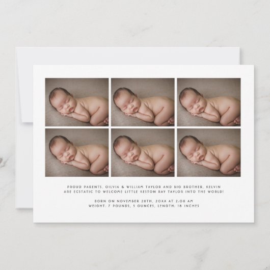 フォトコラージュモダンのシンプル新生児 案内状 (裏面)