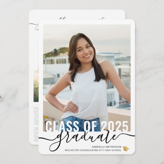 フォトコラージュモダンの台本卒業オープンハウス 案内状 (正面/裏面)