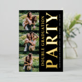 フォトコラージュモダンダブル卒業パーティー金ゴールド 箔招待状 (立ち正面)