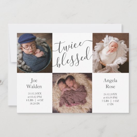 フォトコラージュモダンツインズ2ベビー誕生 案内状 (正面)