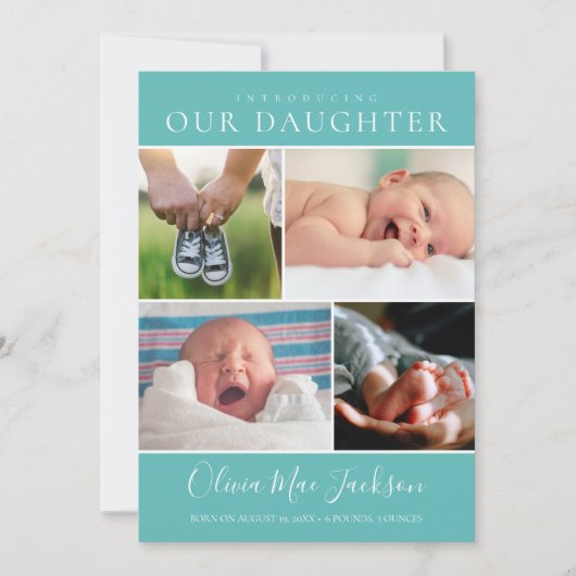 フォトコラージュモダンティール（緑がかった色）ベビーガール誕生 案内状 (正面)
