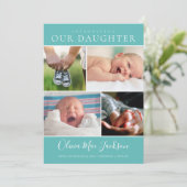 フォトコラージュモダンティール（緑がかった色）ベビーガール誕生 案内状 (スタンド正面)