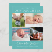 フォトコラージュモダンティール（緑がかった色）ベビーガール誕生 案内状 (正面/裏面)