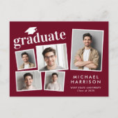 フォトコラージュモダンバーガンディーレッド卒業 案内ポストカード (正面)