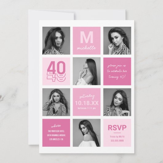 フォトコラージュモダンピンク40歳の誕生日 招待状 (正面)