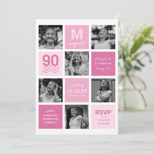 フォトコラージュモダンピンク90誕生日 招待状 (スタンド正面)
