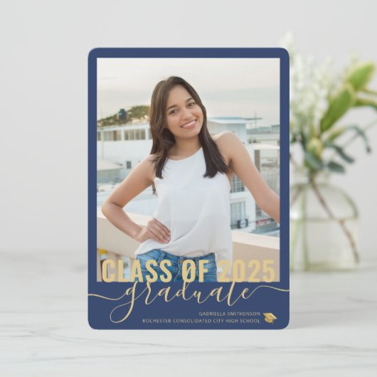 フォトコラージュモダンブルー卒業オープンハウス 案内状 (スタンド正面)