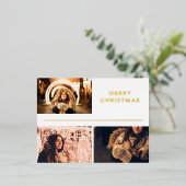 フォトコラージュモダンメリークリスマス金ゴールド 箔シーズンポストカード (立ち正面)