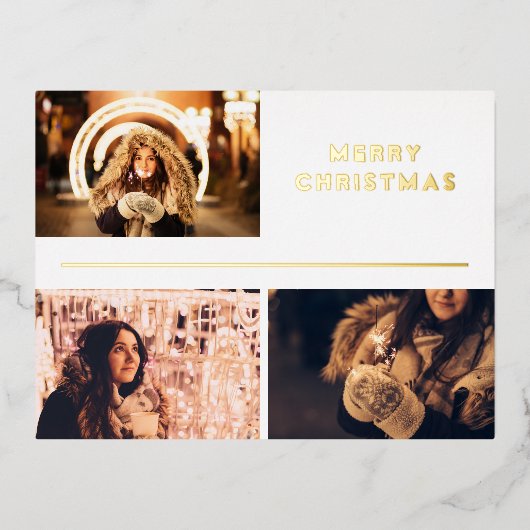 フォトコラージュモダンメリークリスマス金ゴールド 箔シーズンポストカード (正面)