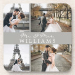 フォトコラージュモダンモノグラム新婚グレー コースター<br><div class="desc">こ祝の4枚の写真と最近結婚したモノグラムのデザイン。</div>
