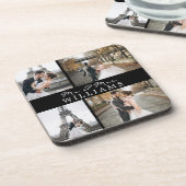 フォトコラージュモダンモノグラム新婚ブラック コースター (左側)