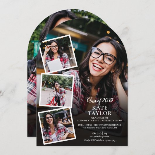 フォトコラージュモダン卒業パーティーアーチ 招待状 (正面/裏面)