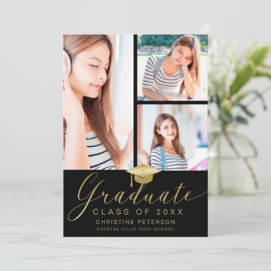 フォトコラージュモダン金ゴールドスクリプトブラック卒業 案内状 (スタンド正面)