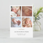 フォトコラージュモダン金ゴールドスクリプトボーイガール誕生 案内状 (スタンド正面)