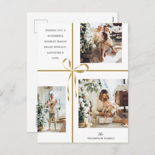 フォトコラージュモダン金ゴールドボックスリボンクリスマス シーズンポストカード (正面/裏面)
