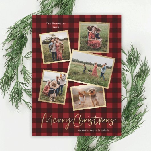 フォトコラージュモダン金ゴールドメリークリスマス シーズンカード