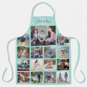 フォトコラージュモノグラムのグリッドパターンティール（緑がかった色）青 エプロン (正面)