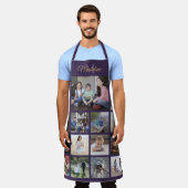 フォトコラージュモノグラムのグリッドパターン紫金ゴールド エプロン (着用した状態)