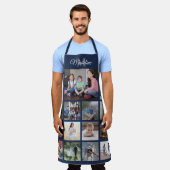 フォトコラージュモノグラムのグリッドパターンNavy Blue エプロン (着用した状態)