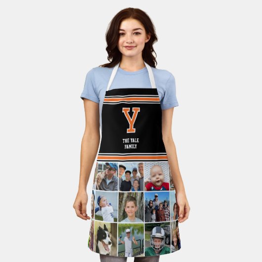 フォトコラージュモノグラムのファミリーオレンジブラック エプロン (着用した状態)